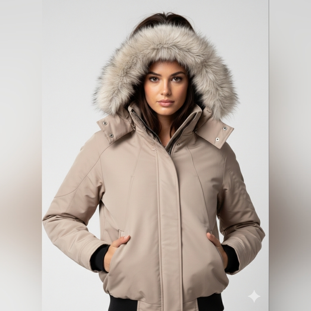 Women's Beige Hooded Ski Jacket with Faux Fur Trim